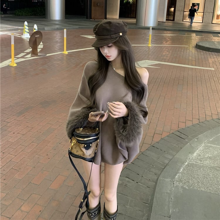 tops】袖ファーオフショルダーニットトップス M27715 | nanastyle