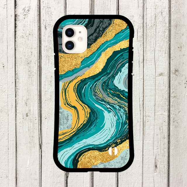 受注生産 iPhoneケース ターコイズとゴールドの海流マーブル｜紙マーブリング MARB019C