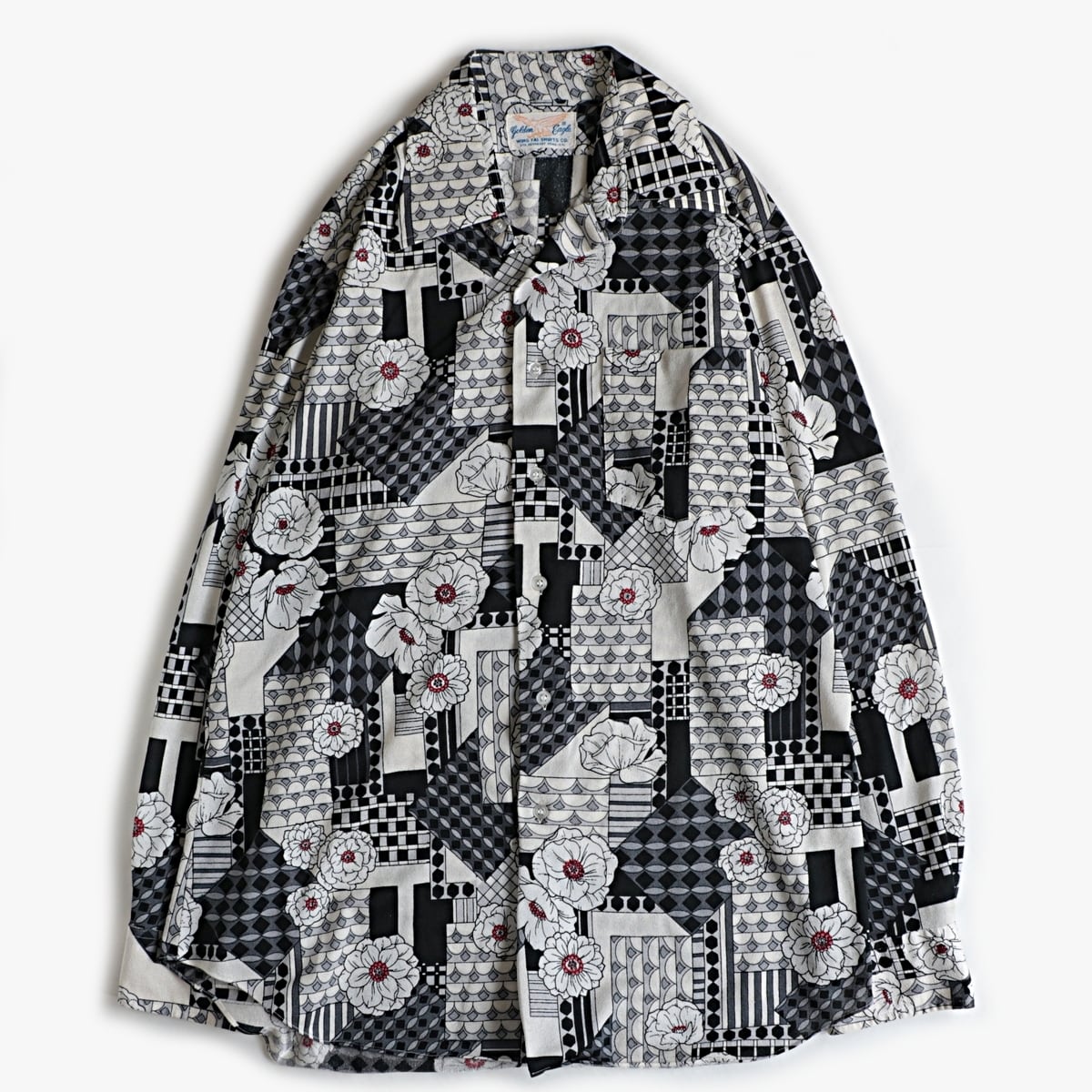 70s golden eagle 牡丹 椿 和柄 ポリエステル シャツ 古着 used