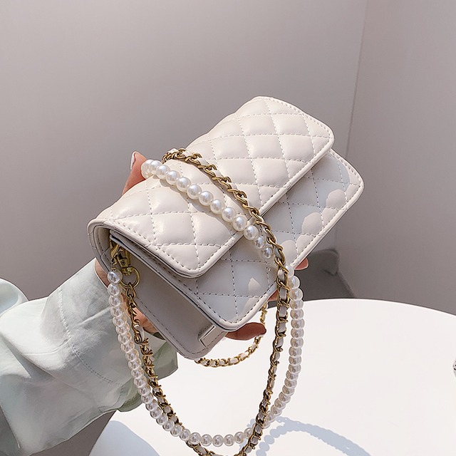 パールチェーン サマーレッド 夏物 真珠 スクウェア メッセンジャーバッグ 手作りハンドバック75932892199