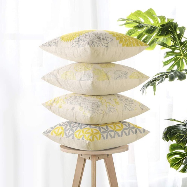 OTOSTAR クッションカバー 50x50cm 北欧 リネンっぽい 4枚セット おしゃれ 可愛い 柄 綿とリネン 亜麻 ソファー用クッションカバー ソファ背当て 装飾枕カバー 座布団カバー(黄色, 50×50)