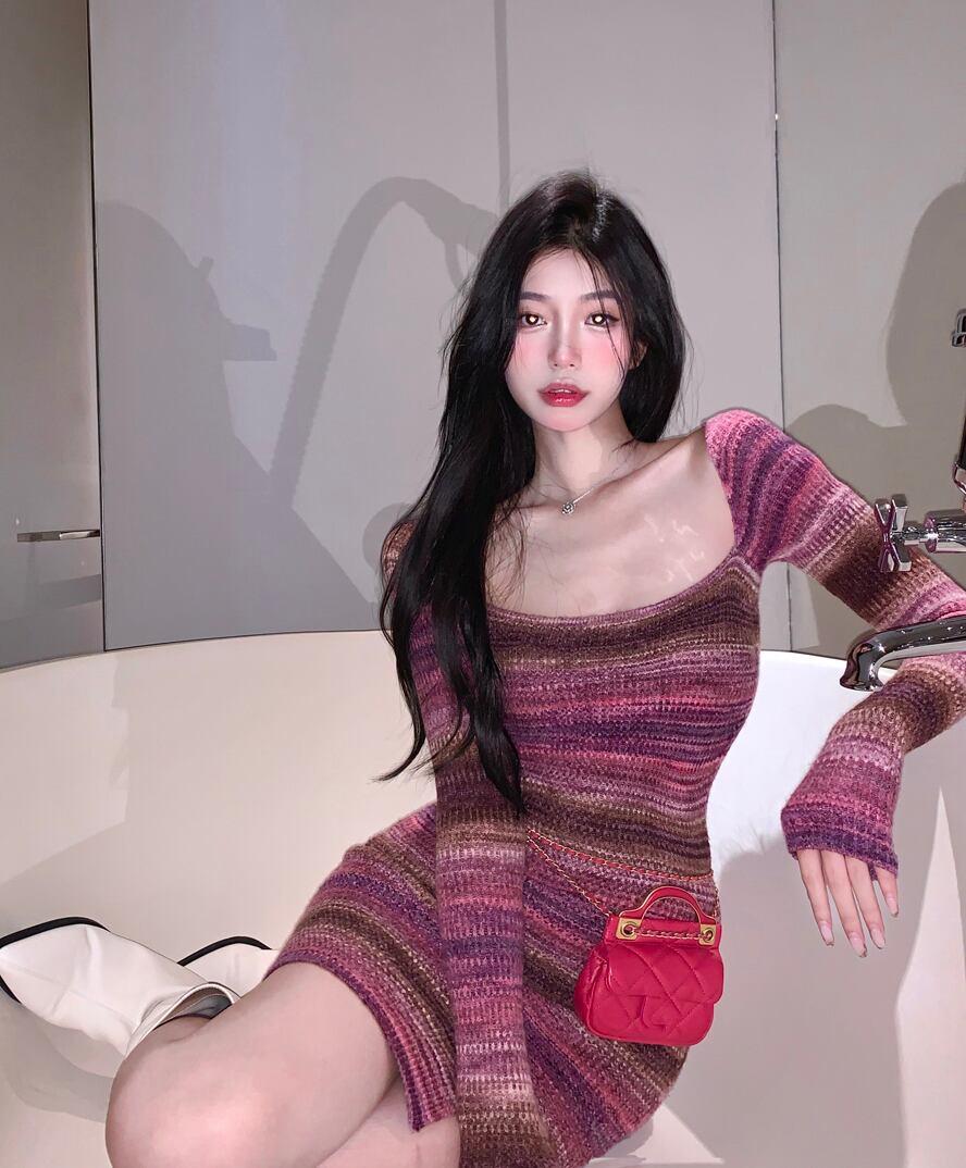 ニットドレス オータムショートスカート ウェスト ロング 秋物 ブラックストロベリース93291941703