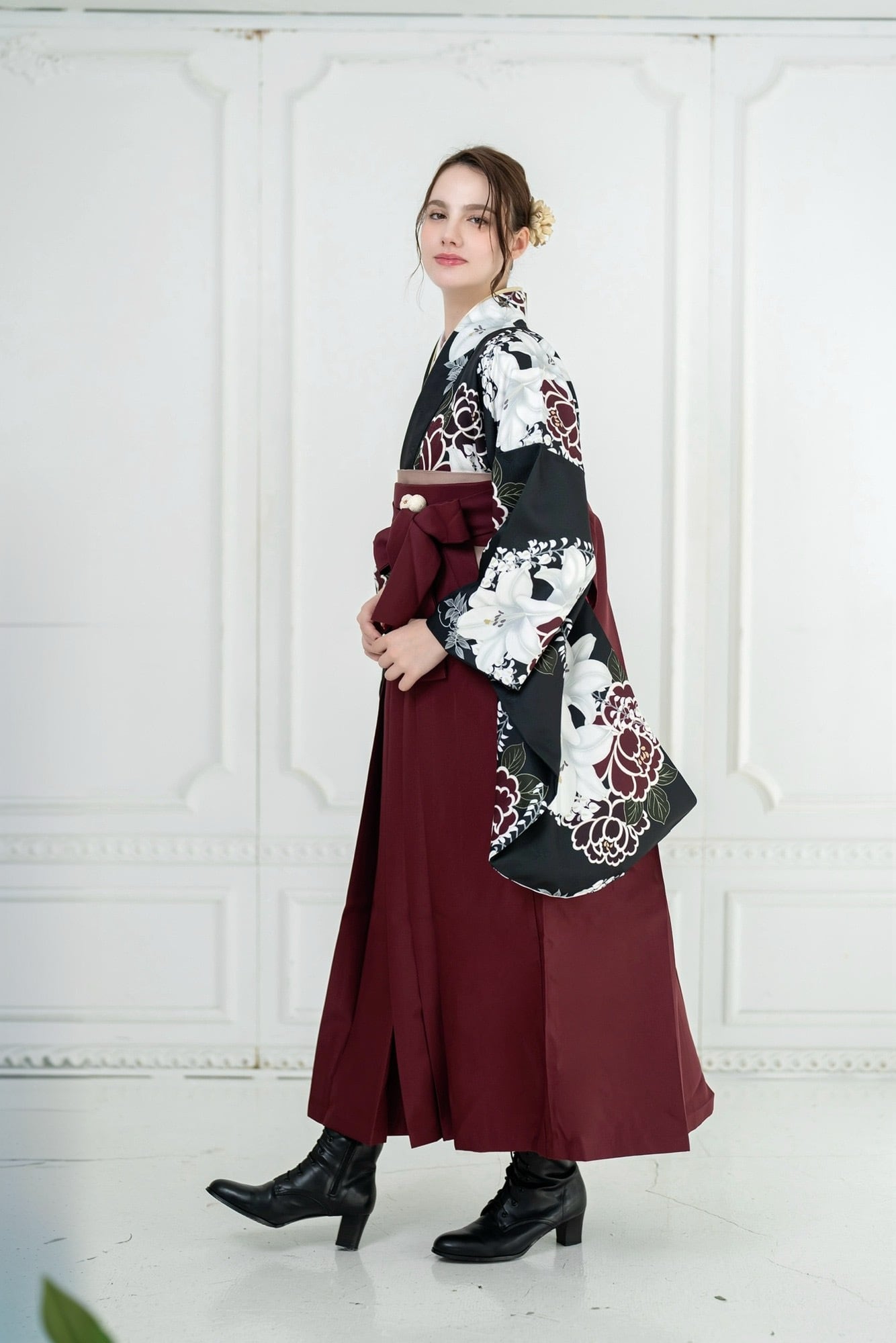 Kimono Sienne 卒業式袴3点セット 黒 百合 椿 二尺袖着物 袴 卒業式