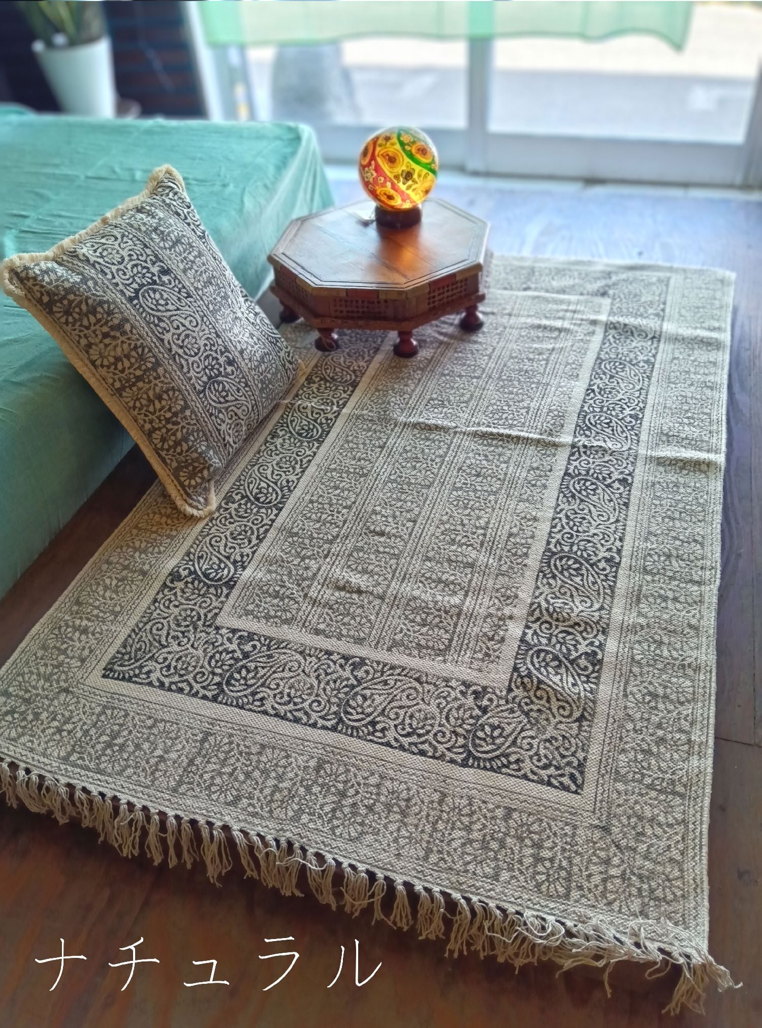 新品　草木染め羊毛　ラグ　インド インド綿 ラグ マット 90×150 ブロックプリント 木版染め モノトーン