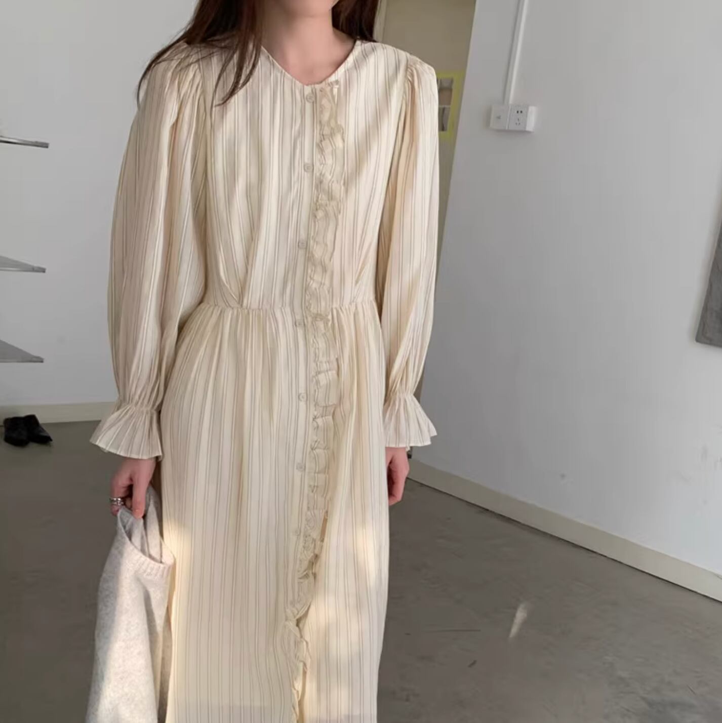 Striped round neck ruffle dress