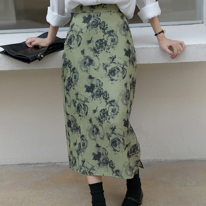 クラシカル花柄 タイトロングスカート 00482