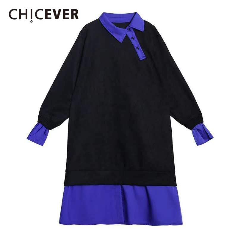 CHICEVERドレスレディースラペルフレア長袖パッチワークヒットカラーパープルAラインドレス2020秋の服 ロング オータム 秋物 6base566707521330