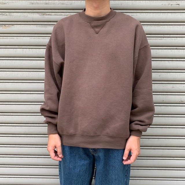 90s USA製 ラッセル ブランクスウェット 前V 無地 ブラウン XL