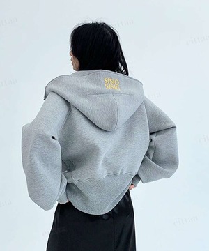 ★予約★D-1323　2026秋新作♡OISISフードロゴ刺繍ショート丈オーバーサイズジップアップフーディー パーカー　グレー