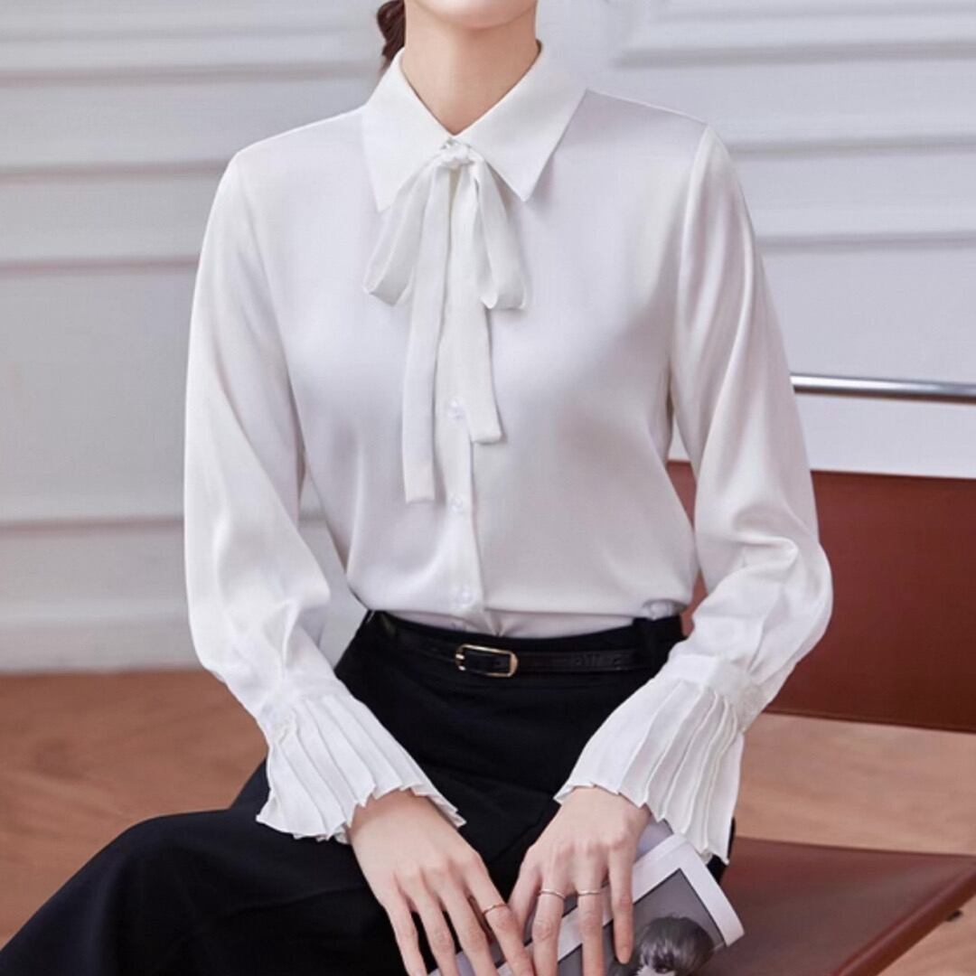 White bow tie ribbon pleated cuff blouse 00242