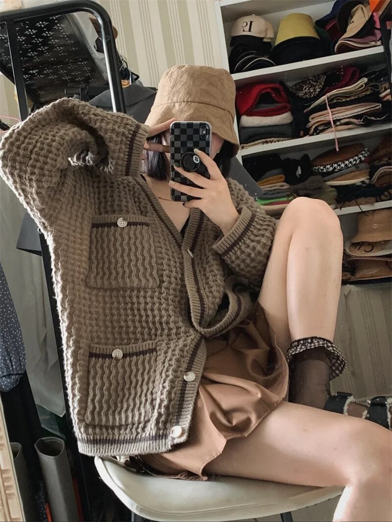 スタイルスタンダードVネックニットカーディガンオータム薄手セーター コート ルーズトップス レトロ 秋物 モンロー30880181887