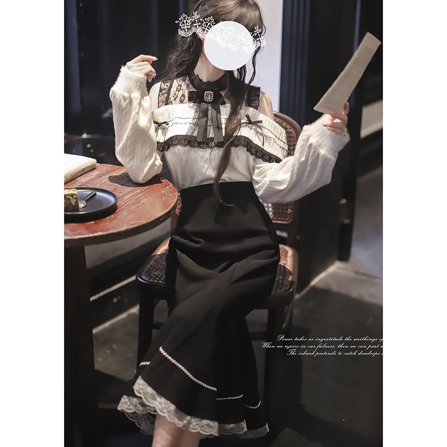 量産型 マーメイドロングスカート コルセット風×レースフリル 黒