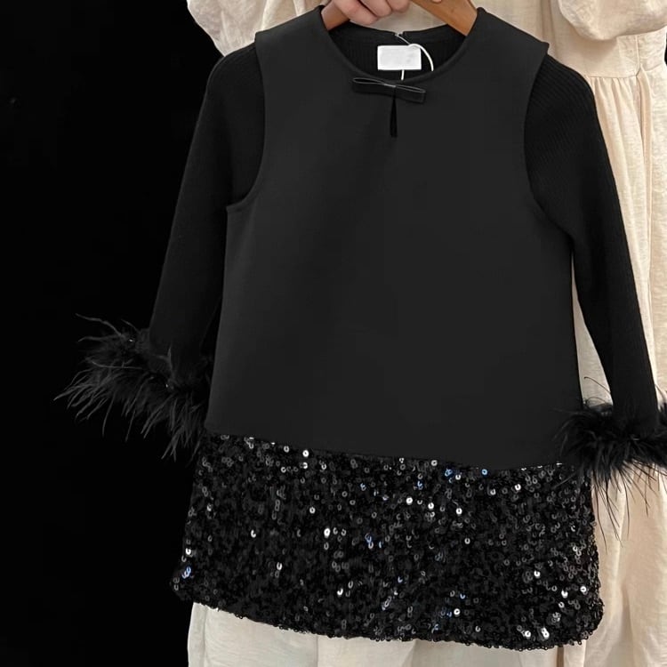 【90-140cm】裾スパンコールブラックワンピース【071015】