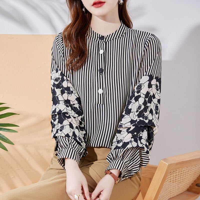 トップス レディース シャツ ブラウス プルオーバー 長袖 ボリューム袖 スタンドカラー 細身 ストレート 切り替えデザイン ドッキング かわいい 大人可愛い きれいめ シンプル カジュアル 大人 上品 おしゃれ 大人女子 送料無料 個性的 エレガント セクシー M L XL 2XL ブラック 花柄 ストライプ 春 秋 20代 30代 40代 50代 ママ OL 通勤 デート お出かけ 女子会 パーティー イベント 着回し 普段使い 韓国系 ファッション コーデ スタイル モテ トレンド インスタ映え