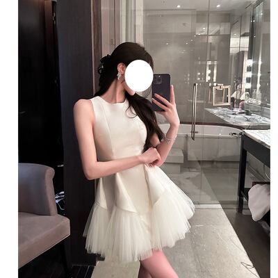 パーティードレス ノースリーブ チュールレイヤード フレアミニワンピース レディース お呼ばれ 二次会 発表会