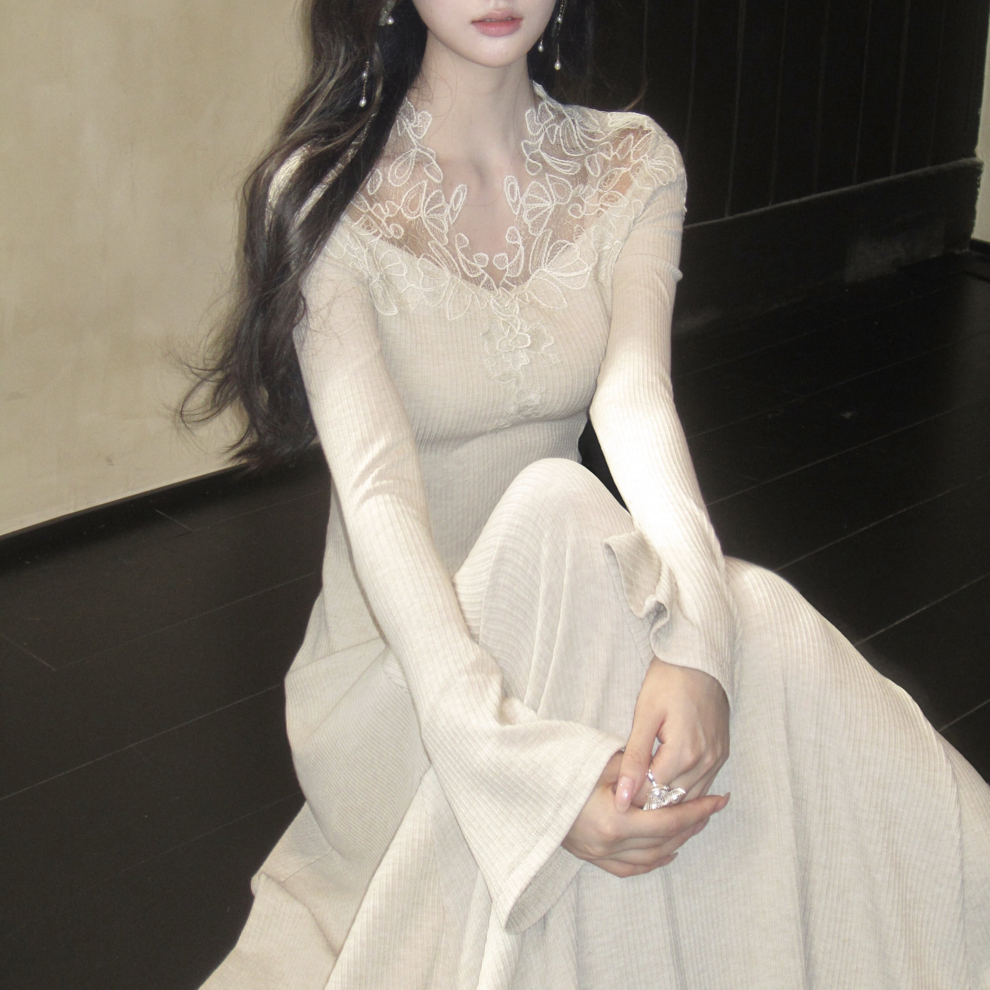 【dress】レーストリミングニットワンピース N3392