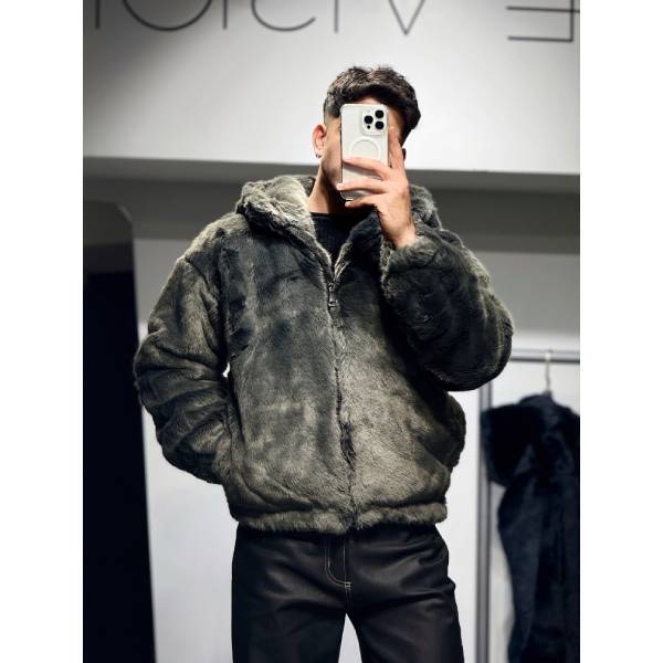 ブルーグレー ファーブルゾン ジップアップ フード付き ファーコート