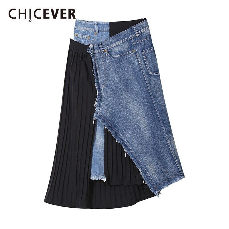 CHICEVERパッチワークデニムプリーツスカートレディースウエストヒットカラーアシンメトリーストリートウェアミッドスカート2020服 6base524589760873