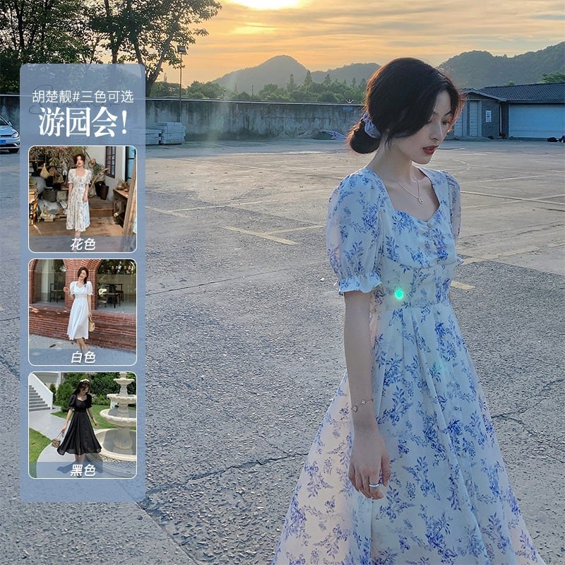 サマーブルーロングフローラルスカート シフォンドレス 夏物 花柄 HUCHUJING70491816497