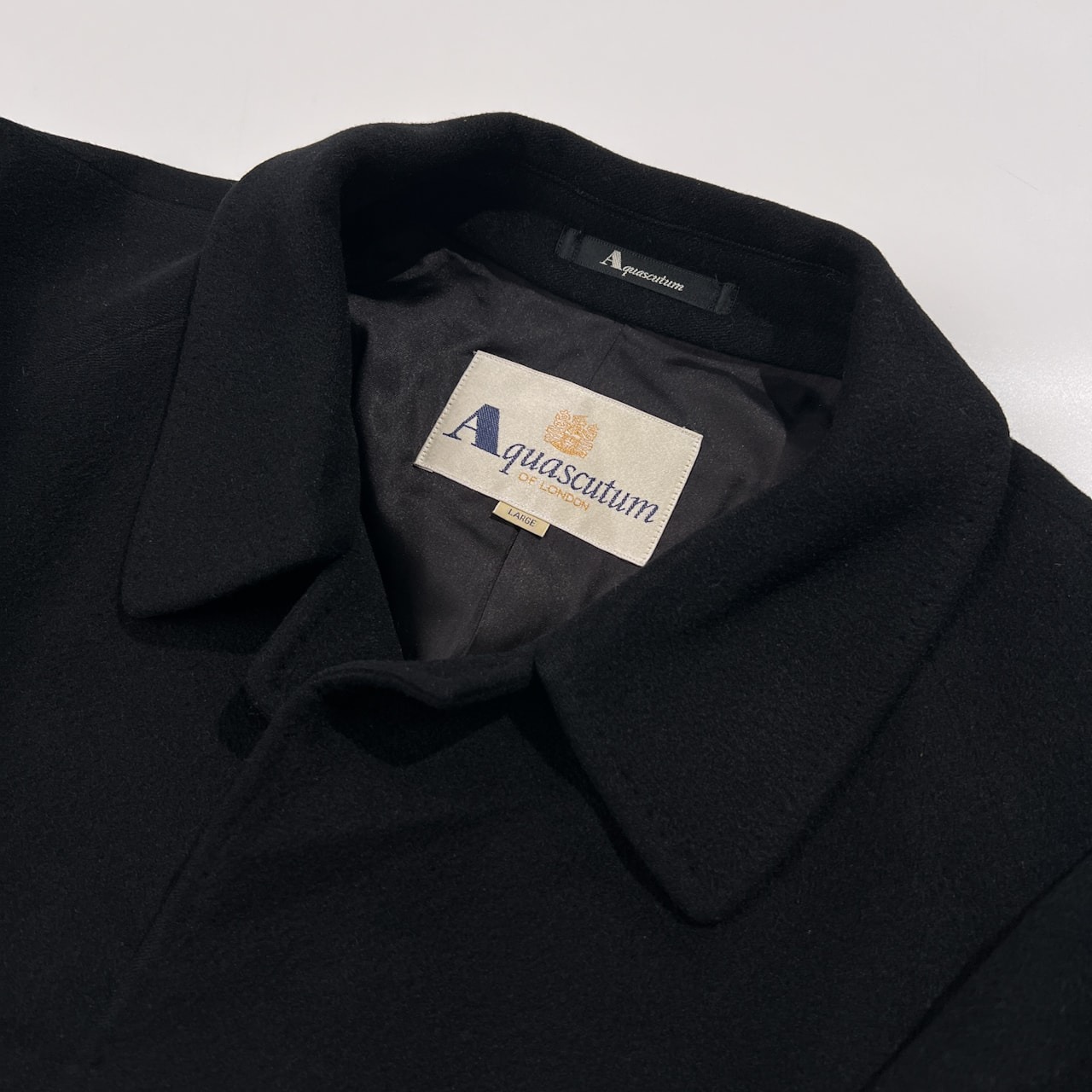 カシミヤ100% 90s Aquascutum アクアスキュータム 比翼 ステンカラーコート サイズ L /ブラック/レナウン/ビンテージ
