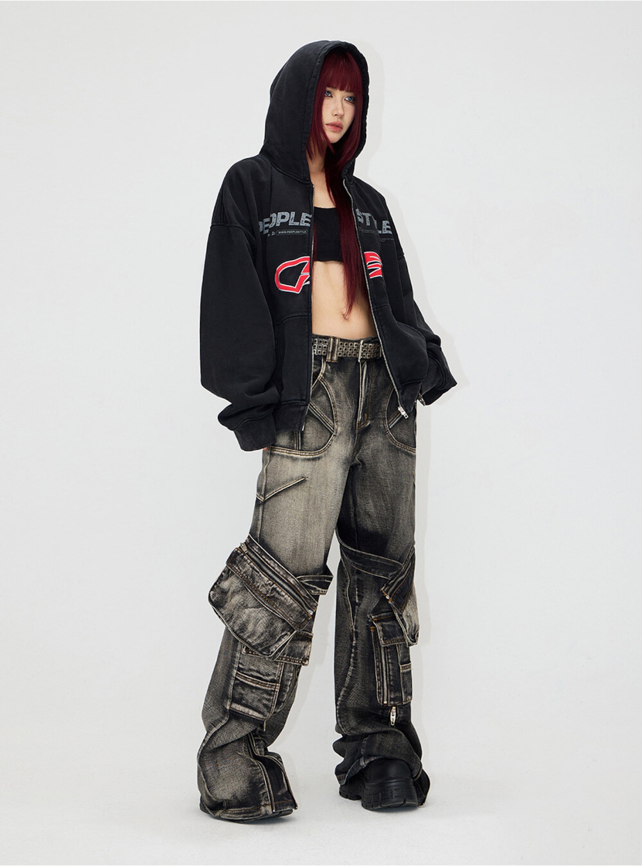 【PEOPLE STYLE】Potts Merson Multi-Pocket Wide Denim Pants