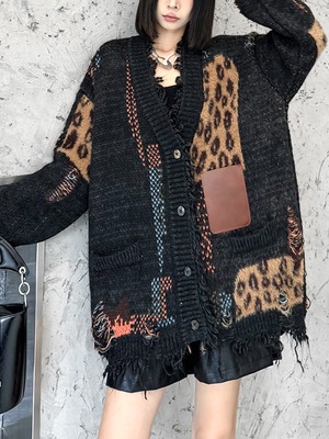 Leopard print patchwork loose cardigan [T1879]