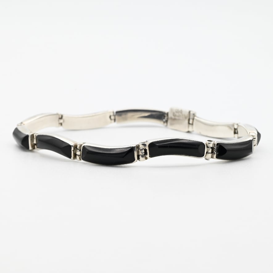 Black Onyx Accent Wavy Panel Link Bracelet / Mexico