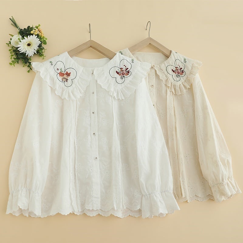 ドッグ&フラワー刺繍カラーブラウス W0917