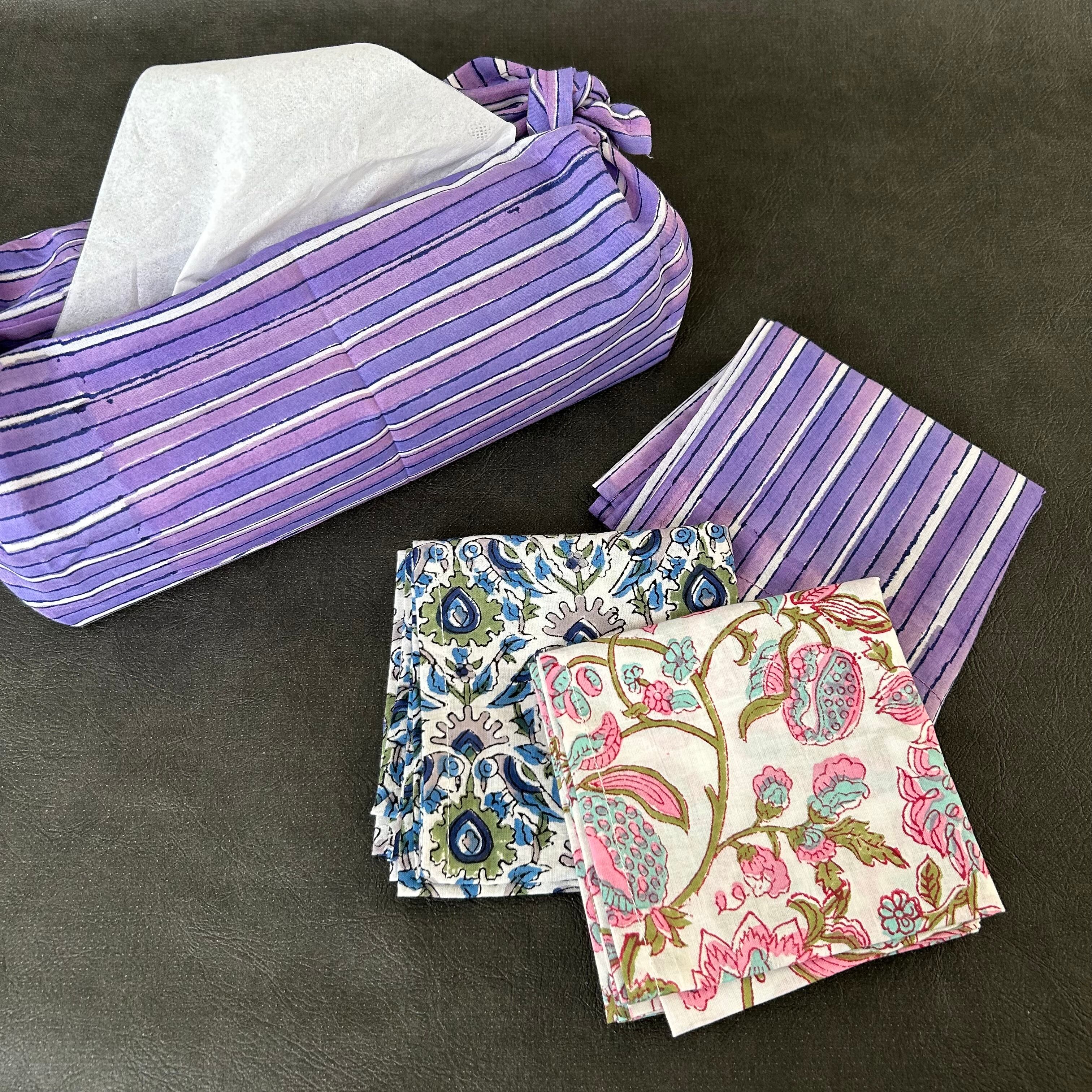 ハンカチ マルチミニクロス ブロックプリント パープルストライプ