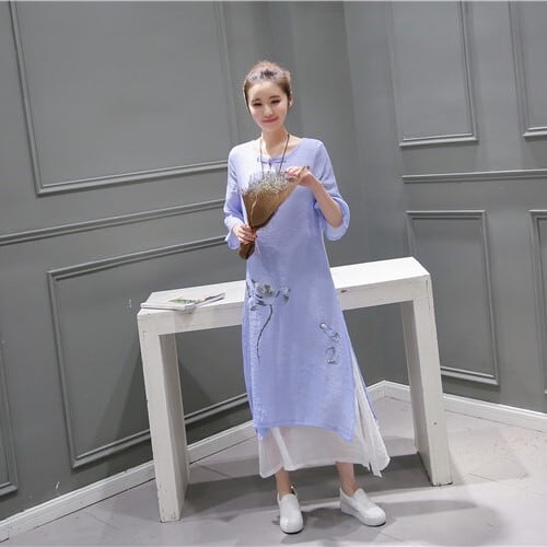 レトロワンピース ナチュラルワンピース チャイナ風ワンピース 中華風ワンピース ブラウス ワンピドレス リネンワンピース ロング ロング丈 マキシ マキシ丈 袖あり 7分袖 七分袖 フレアスリーブ Iライン 透け感 シースルー リネン 薄手 かわいい 大人可愛い きれいめ レトロワンピース ナチュラルワンピース チャイナ風ワンピース 中華風