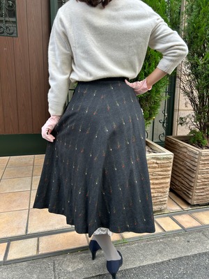 50's flower print gray wool skirt with belt