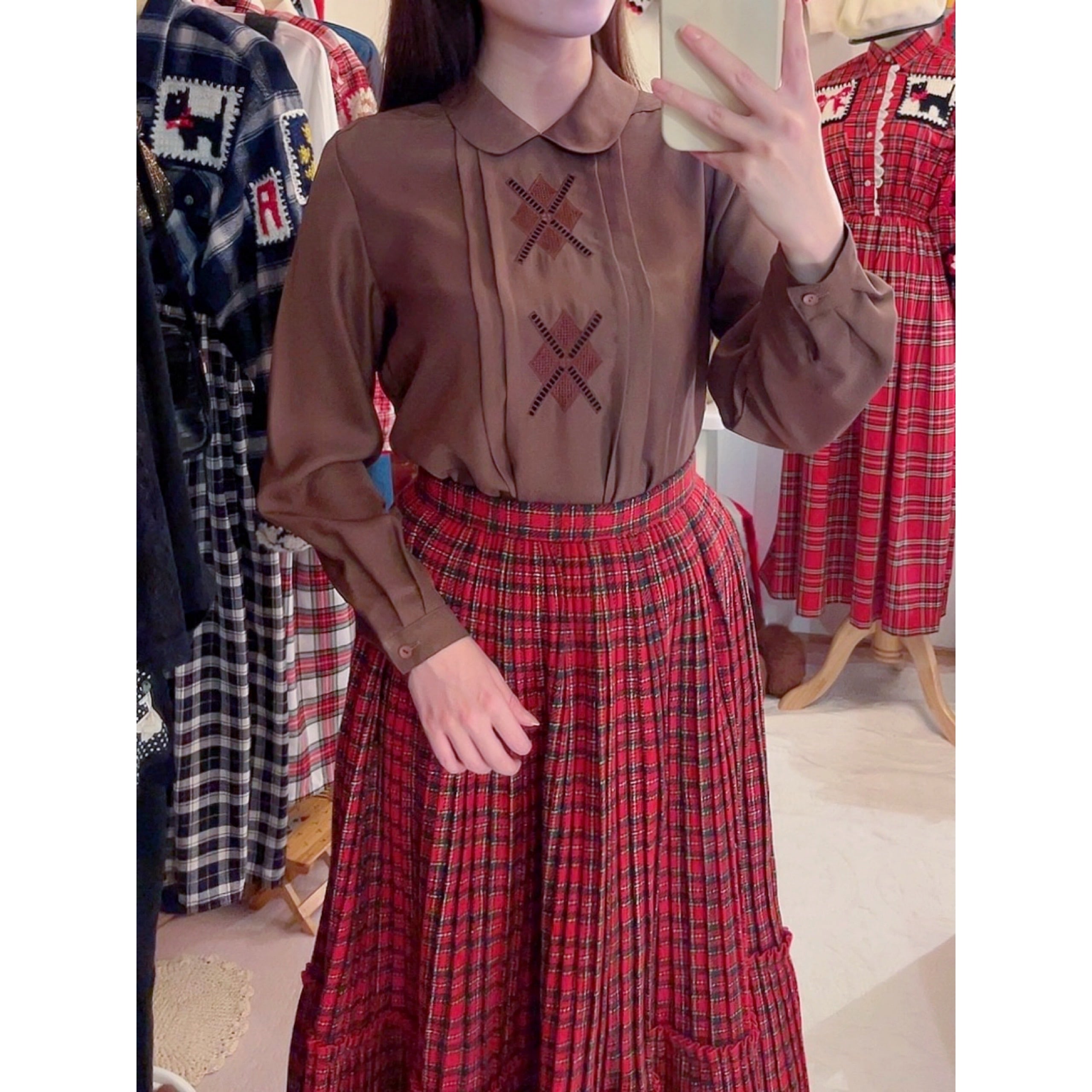 brown diamond back button blouse