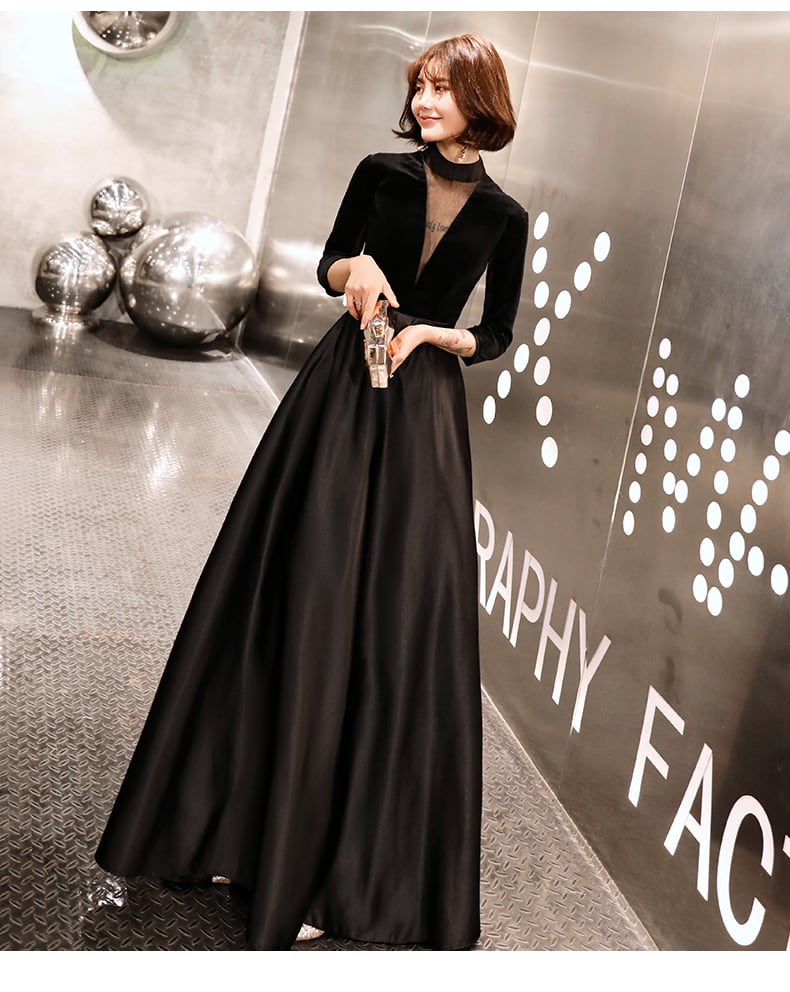 パーティードレス お呼ばれドレス シースルー袖 ロングドレス ベロア生地