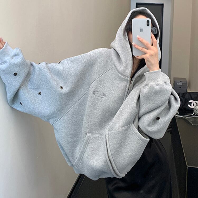 フルジップ アップリケ オーバーサイズ パーカ ◆2col L00335