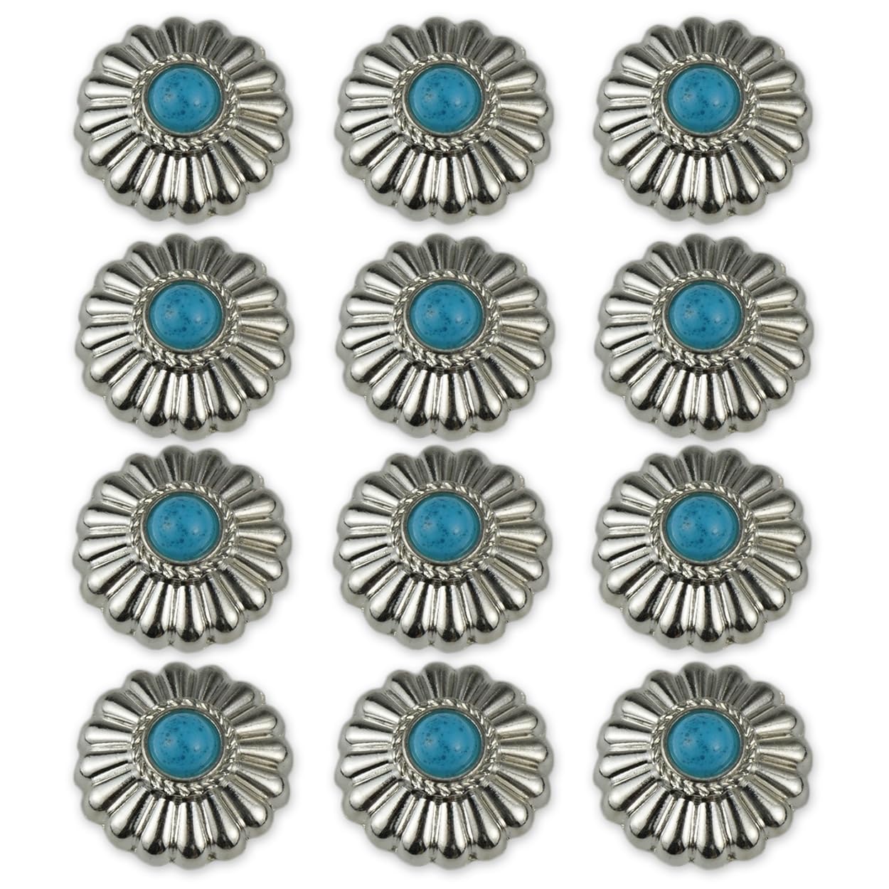 【新着特価】コンチョ ボタン ターコイズ 12個セット 小菊 ミニフラワー 17mm ネジ 付き レザー クラフト 財布 バッグ (シルバー)