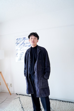 【1920-30s】"Maquignon, Raglan Sleeves" Black Linen Work Coat, French antique /761