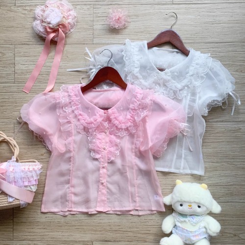 2色／リボンパフスリーブレースヨークブラウス ・70708