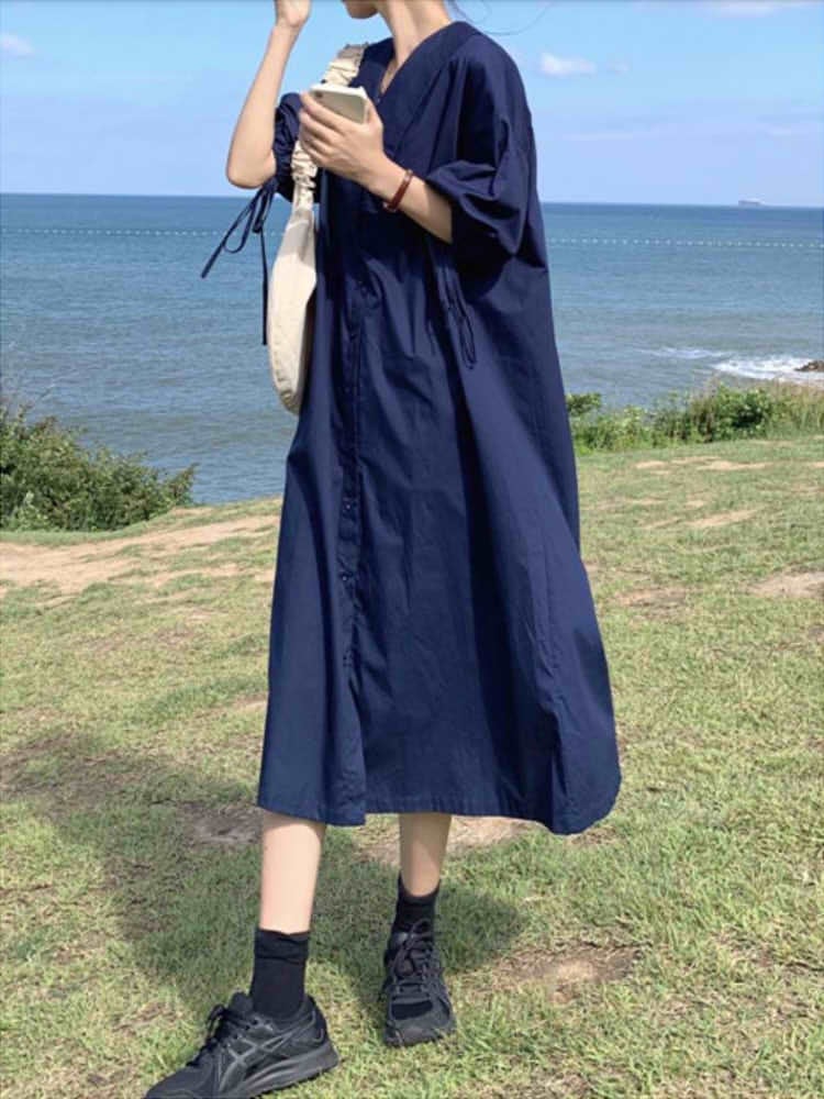 ドロスト袖ロングシャツワンピース カジュアルコーデ かわいい 半袖 リボン人気 大きいサイズ 韓国 CH4481