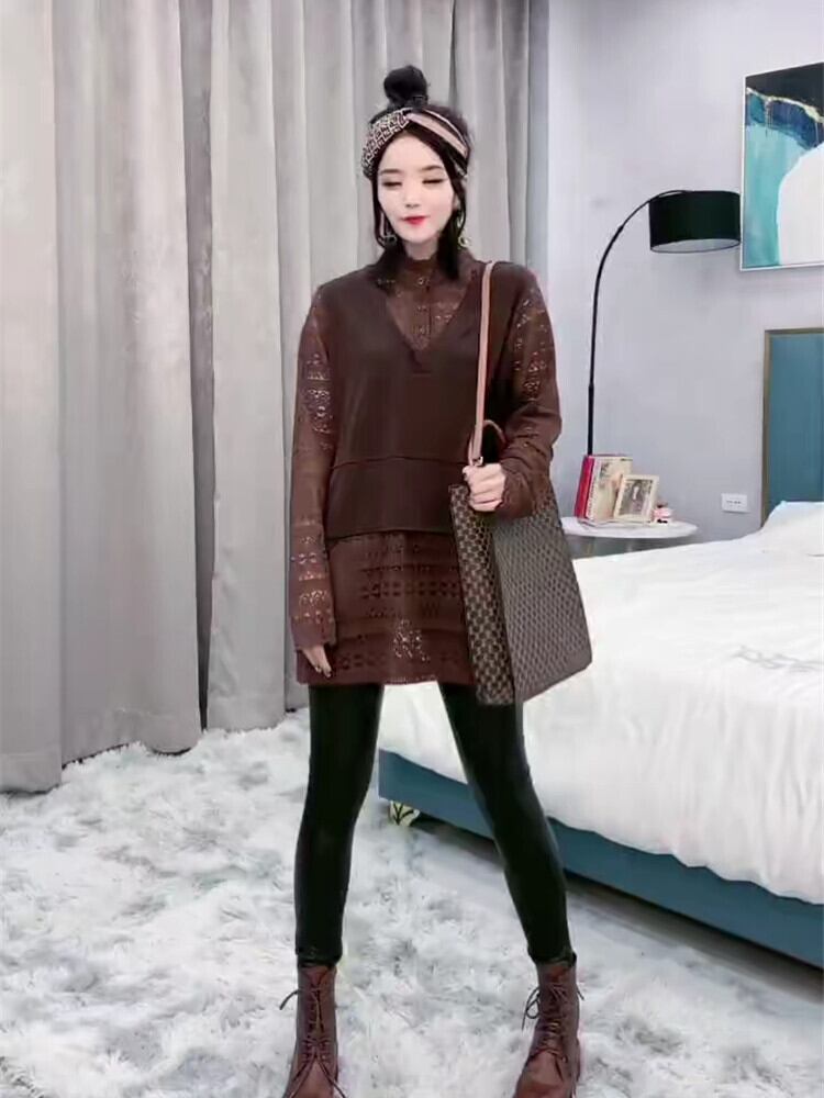 Tシャツ スプリングレースパターンブラウス ルーズ ロング 大きめサイズ 春物 ミックスインファッション33968063264