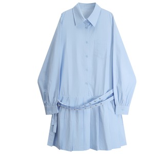 PALE BLUE PLEATS A-LINE MINI SHIRT DRESS 1color M-7704