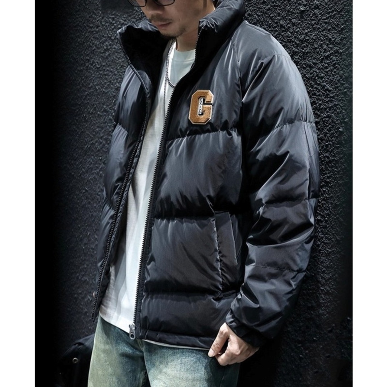 Full-zip short down jacket with logo ◇2color H0938