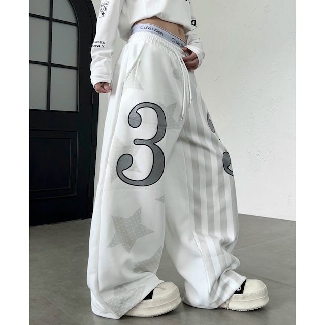 スターストライプアシンメトリーワイドラインスウェットパンツ 1col R02645