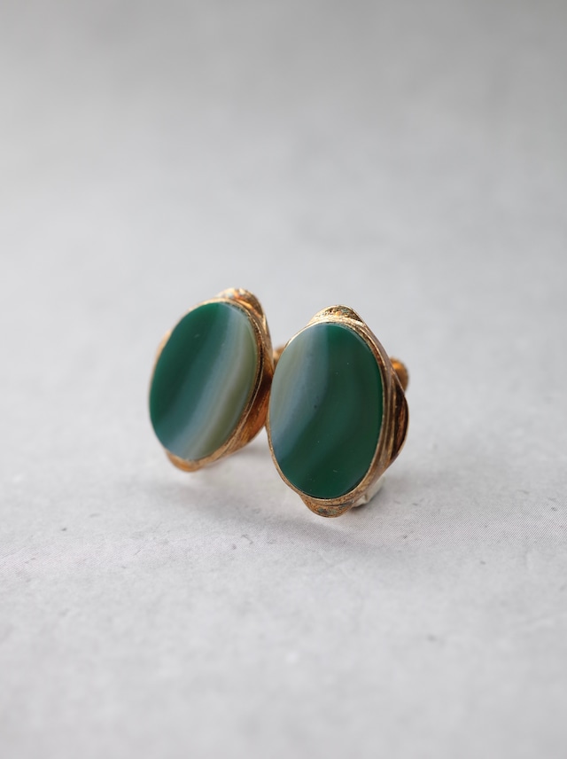 Green Striped Agate - Graphical Clip Earring -