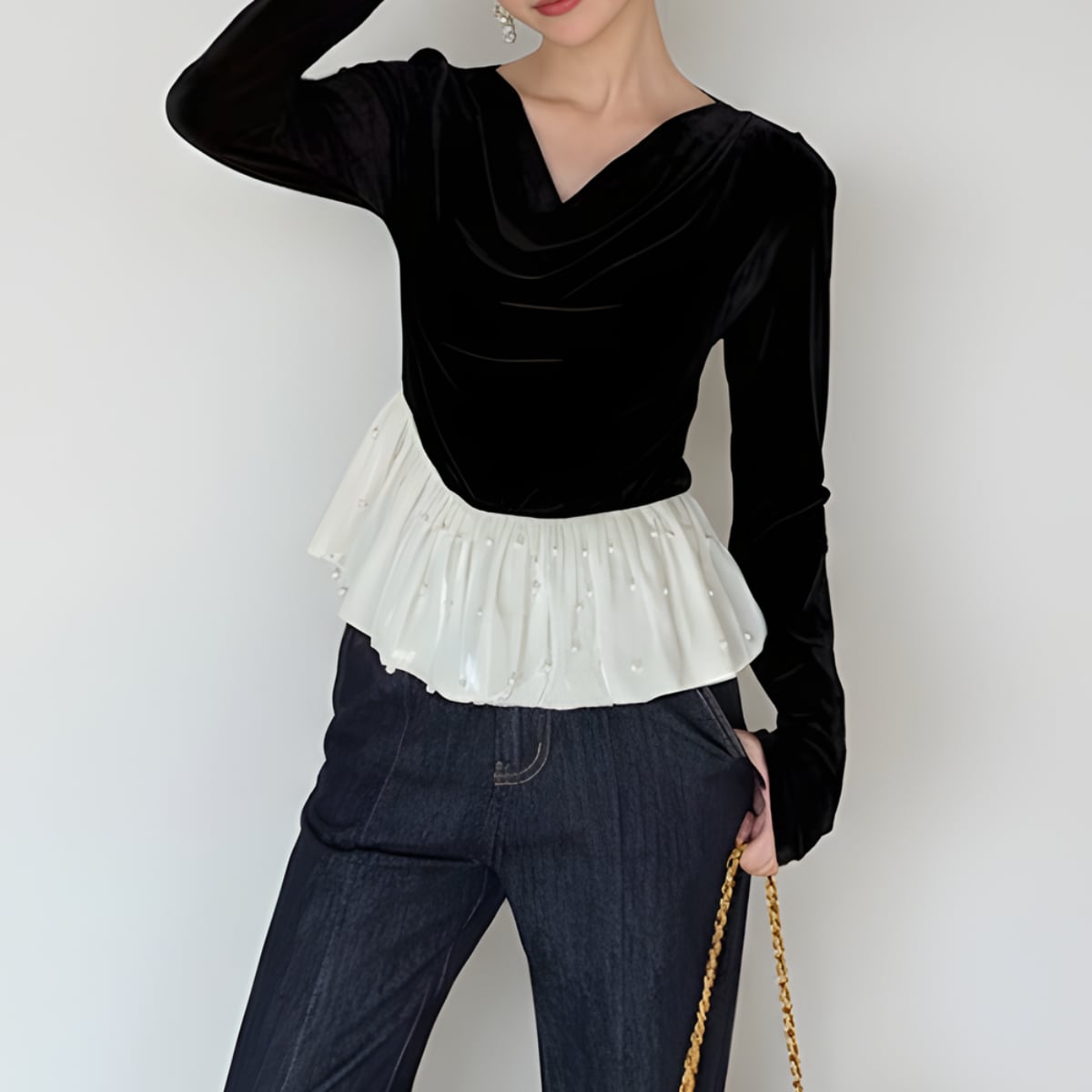 Pearl Hem Velvet Peplum Top ch0151