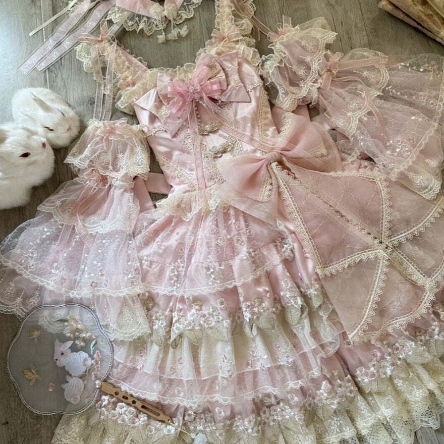 甘ロリJSK チョーカー 姫袖付き ピンク 多層フリルレース姫系ロリータ
