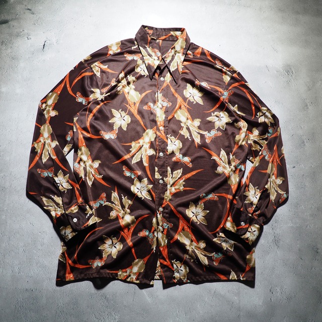 1970s Beautiful Butterfly × Flower painted vintage loose Western shirt