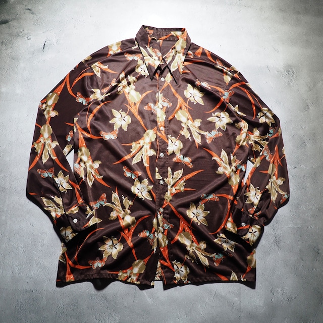 1970s Beautiful Butterfly × Flower painted vintage loose Western shirt