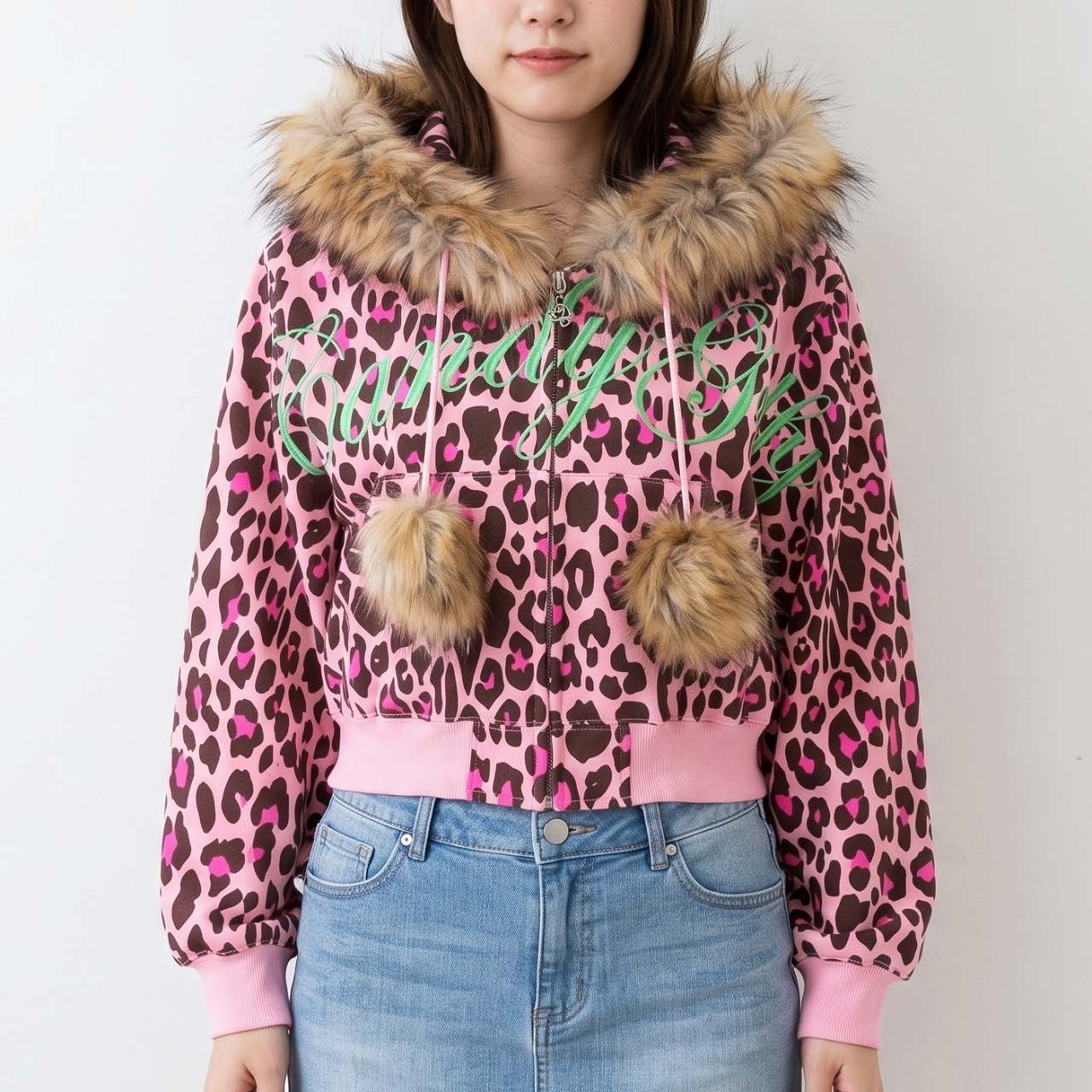 キャンディガルフィー パーカー S ピンク ヒョウ柄 ファー ショート丈