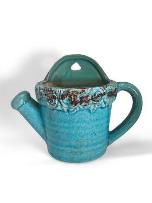 ヴィンテージ雑貨 陶器製 プランター ターコイズブルー（じょうろ型 壁掛けタイプ）