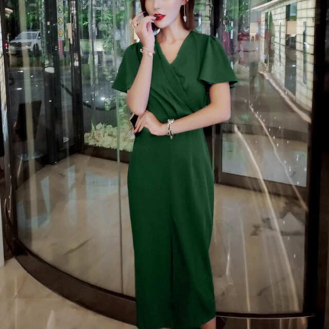 全2色 ブラック グリーン レディース ワンピースドレス オケージョンワンピ フレアスリーブ カシュクール Vネック スリット S M L Xl Favoriteselect